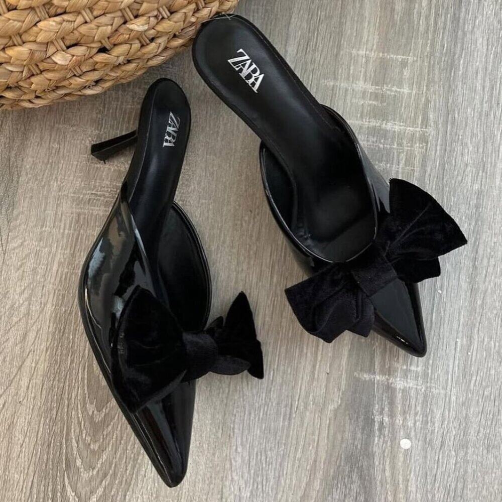Zara Black Patent Bow Mule Heels NWT Pointed Toe Kitten Heel Slip On Size 6.5 - Picture 12 of 16